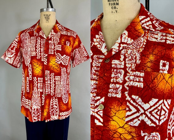 1960s Loving Lava Hawaiian Shirt | Vintage 60s Red Orange and White Tribal Design Tiki Barkcloth Short Sleeve Button Up Top | Medium