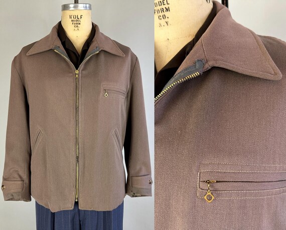 1940s Trey's Trouble Jacket | Vintage 40s Pendleton Taupe Wool Workwear Zip Up Coat with Belted Back and Side Buckles | Extra Large XL