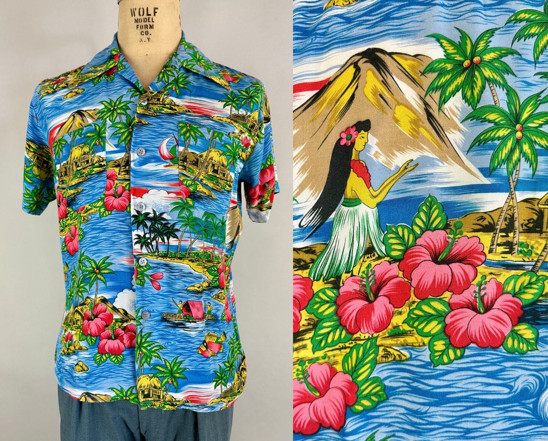 1950s Hula and Hibiscus Shirt | Vintage 50s Hawaiian Tiki Rayon