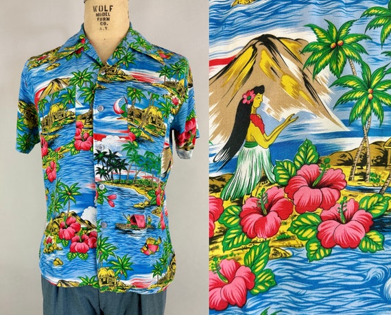 1950s Hula and Hibiscus Shirt | Vintage 50s Hawaiian Tiki Rayon Button Up Top with Tropical Scenes in Blue Pink Green and Yellow | Medium