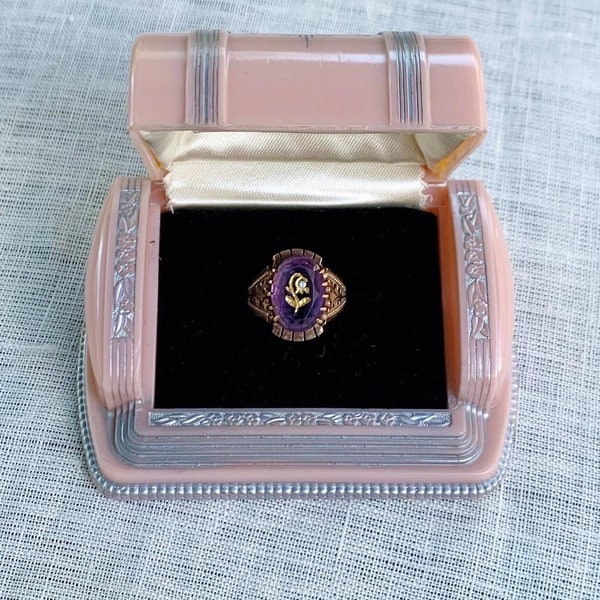 Luminous Amethyst Rose of Sharon Ring in 14K Victorian Rose Gold Setting - Size 4