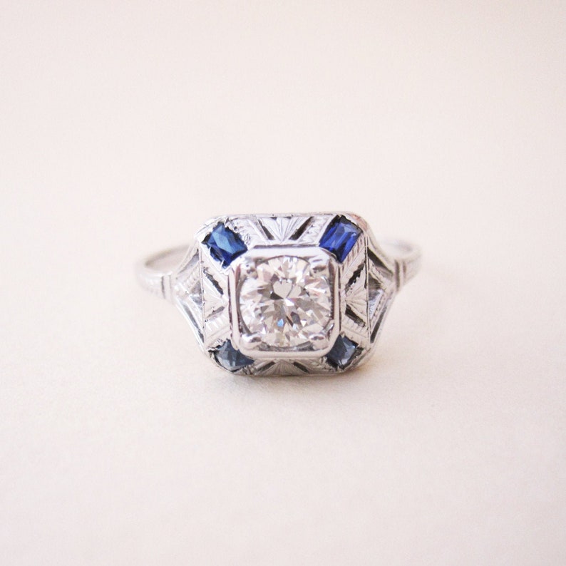 Antique Art Deco Diamond and Sapphire Engagement Ring 18K - Etsy