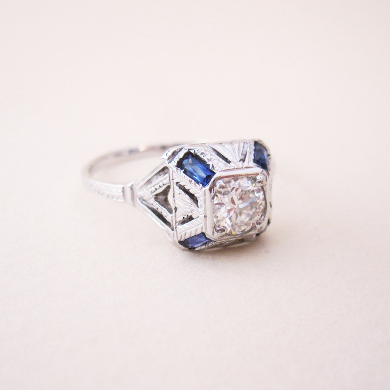Antique Art Deco Diamond and Sapphire Engagement Ring 18K - Etsy