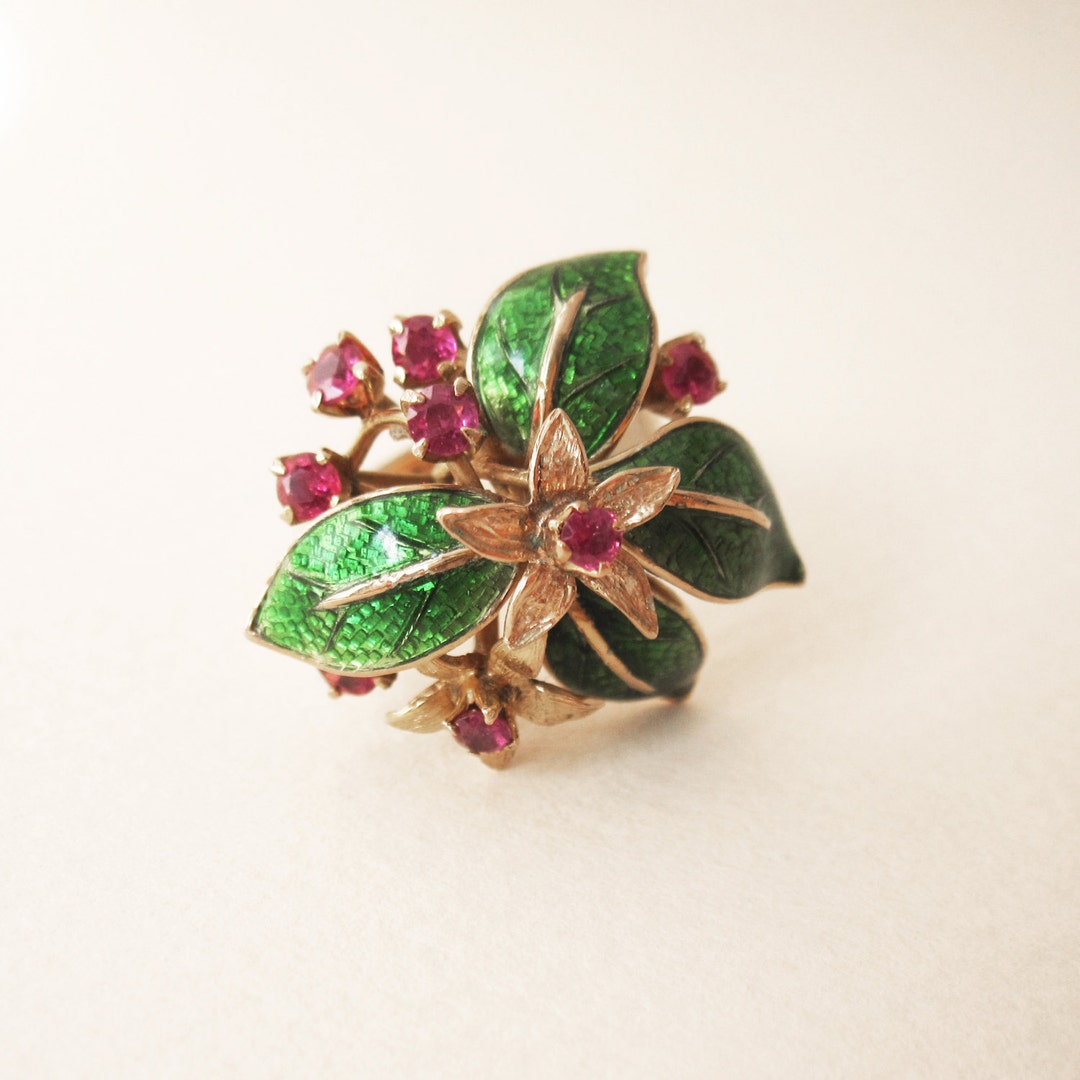 Retro Ruby and Enamel Floral Cocktail Ring 18K Yellow Gold - Etsy