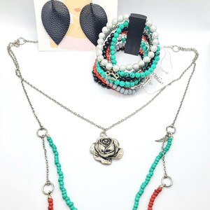 Women's BUNDLE - Long Necklace, 10 Strand Bracelet, and Black Faux Leather Earrings