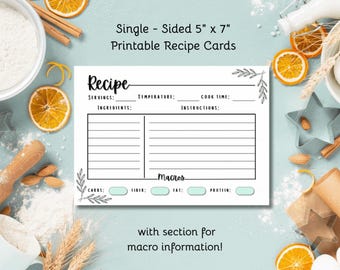 Printable Macro Recipe Cards: Leaf Border Design (5x7 Digital Download