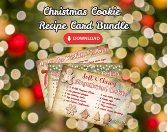 Printable Christmas Cookie Recipe Card Bundle - Sugar, Gingerbread, and Peanut Butter/Chocolate Kiss Cookies