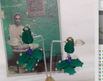 Earclips Green/Turquoise and Blue Antique silver plated