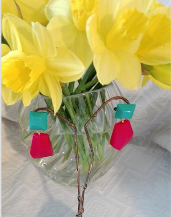 Turquoise/tomato-red plastic ear clips by Marion … - image 3