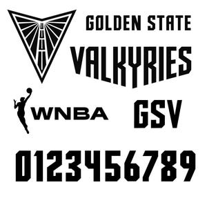 May include: A black graphic design featuring the Golden State Valkyries logo, a triangular emblem with a road motif, the text WNBA, the acronym GSV, a silhouette of a basketball player in motion, and the numbers zero through nine in a bold font.