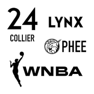 May include: Black and white graphic featuring the number 24, the name COLLIER, the word LYNX, a basketball logo with a lynx, the name PHEE, a silhouette of a basketball player, and the letters WNBA.