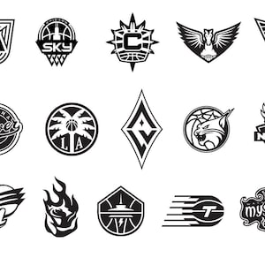 May include: A collection of fourteen black and white graphic logos featuring various sports-themed designs, including basketballs, stylised text, animals, flames, and geometric shapes arranged in a grid pattern on a plain white background.