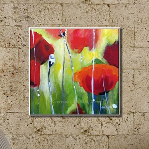 Abstract Flower Art, Modern Living Room Wall Art, Floral Painting Print, Flower Canvas Print, Red Poppied Wall Art, Nature Inspired Wall Art