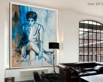 Woman Wall Art, Woman Art, Extra Large Wall Art, Figure Art, Large Art Print, Figurative Art, Large Wall Art, Art for Living Room, Blue