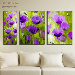Extra Large 3 Piece Wall Art Painting, Art Set of 3 Flower Painting, Purple Nature Painting, Multi Panel Art, 3 Panel Art Poppy Painting