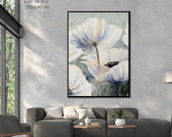 White Flower Painting on Canvas, Extra Large Wall Art, Large Living Room Painting, Bedroom Painting, Flower Oil Painting, Vertical Wall Art