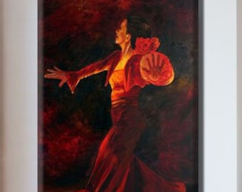 Peinture à l’huile originale, Peinture de femme, Peinture sur toile, Peinture de danseur, Peinture de grand salon, Peinture rouge, Peinture flamenco