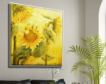 Sonnenblumen Wandkunst, Wohnzimmer Wandkunst, große Leinwandkunst, gelbe Wanddekoration Wohnzimmer, große Wandkunst, Sonnenblumen Druck, Blumenlandschaft