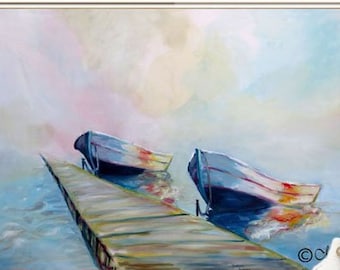 Boat Painting, Seascape Oil Paintings on Canvas, Living Room Boat Painting, Large Nautical Painting, Fishing Boat Painting