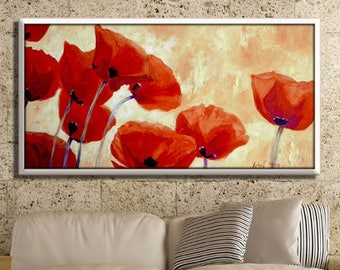 Extra Large Wall Art, Red Flower Painting, Huge Painting, Large Canvas Art painting, Red Painting, Living Room Painting, Horizontal Painting