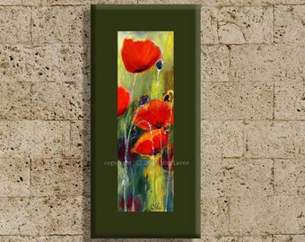 Vertikales Blumengemälde auf Leinwand, große vertikale Kunst, lange Ölmalerei, grüne & rote Mohnmalerei, Großes Wohnzimmer Wandkunst Gemälde