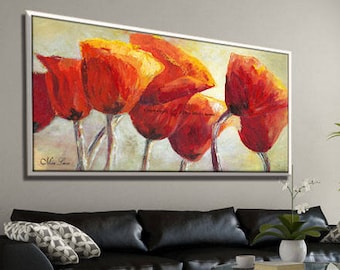 Extra Large Wall Art, Extra Large Painting, Red Painting, Flowers Painting, Red Artwork, Huge Painting, Red Canvas Art, Extra Large Canvas