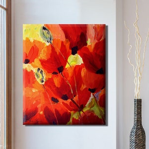 Paintings on Canvas, Large Wall Art, Abstract Painting Canvas, Original Oil Wildflower Art, Large Painting Abstract Canvas Art, Red Poppy image 1