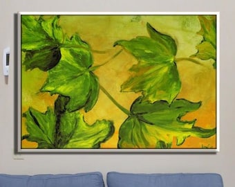 Arte de pared botánico, Arte de pared de hojas abstractas, Arte de lienzo grande, Arte de pared de hojas, Decoración de pared de sala de estar verde y amarilla, Impresión botánica