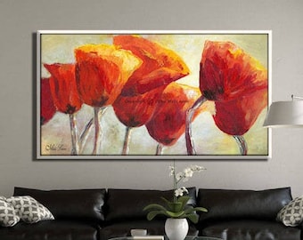Large Wall Art, Modern Red Flowers Landscape Art Print, Large Canvas Art, Living Room Wall Decor, Horizontal Floral Wall Art