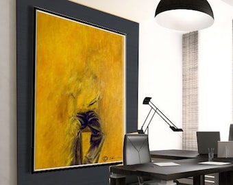 Yellow Abstract Canvas Art, Modern Office Wall Art, Abstract Man Giclee Print on Canvas, Yellow & Black Manly Office Decor, Large Canvas Art