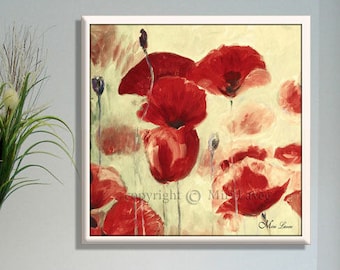 Abstract Flower Art, Large Wall Art, Abstract Floral Art, Canvas Art, Large Flower Print, Living Room Art, Red Poppies Wall Art, Beige Art