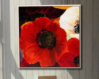 Large Red Flower Art, Floral Art for Living Room, Modern Dining Room Wall Art, Nature Wall Art, Flower Canvas Art, Large Square Canvas Print