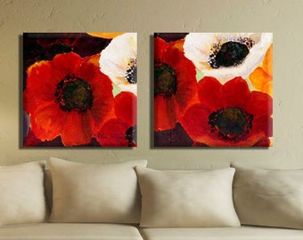 Flower Painting, Set of Paintings, Colorful Painting, Paintings on Canvas, Paintings Set, Vibrant Painting, Art Set of 2, Anemone Flower