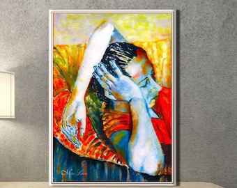 Figure Art, Women Art, Portrait Art, Living Room Wall Art, Bedroom Art, Figurative Art, Woman Portrait Painting Print, Colorful Canvas Art