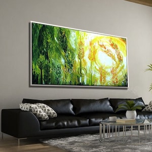 Large Nature Painting on Canvas, Big Landscape Painting, Textured Wall Art for Living Room, Green Yellow Wheat Field Art, Original Artwork