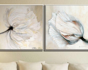 White Living Room Decor, Wall Art Set of 2, Luxury Living Room Art, Nature Wall Art, Large Canvas Art, 2 Piece Wall Art, Floral Canvas Art