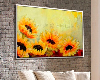Sunflower Painting Hand Made with Textured Paint Strokes, Textured Wall Art of Yellow Flowers for Living Room Decor