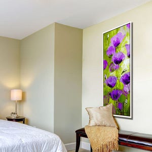 Vertical Bedroom Wall Art, Narrow Flower Art, Nature Wall Art, Bedroom Art Print, Tall Green and Purple Floral Art, Long Canvas Print