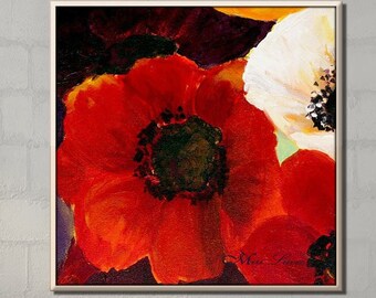 Estampado de pintura de flores de anémonas rojas, arte mural de lienzo extra grande, decoración de pared de sala de estar cuadrada
