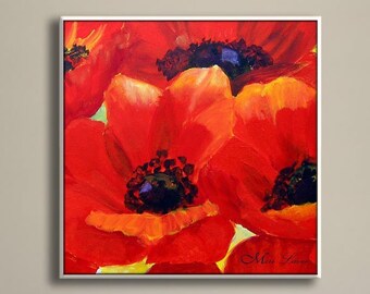 Red Flowers Wall Art, Canvas Wall Art Print, Anemones Painting Print, Dining Room Wall Art, Kitchen Art, Square Living Room Wall Decor