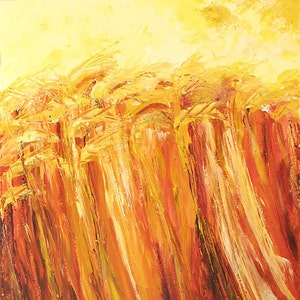 Dipinto originale verticale di campo di grano su tela, dipinto di paesaggio giallo, grande dipinto di arte murale naturalistica, dipinto per soggiorno