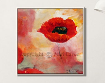 Abstract Flower Art, Living Room Wall Art, Red Flower Art Print on Canvas, Pink Abstract Nature Wall Art, Contemporary Art, Square Wall Art