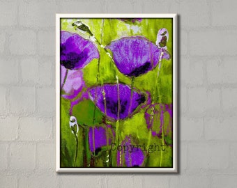 Lila Kunst Blumen Gemälde, Lila und Grün Original Gemälde, Lila Blumen Dekorative Kunst, Lila Wand Dekor, Lila Raum Dekor