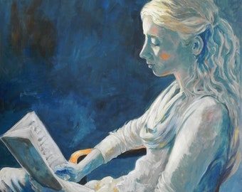 Woman Reading Art, Peaceful Blue Wall Decor for Living Room, Relaxing Girl Portrait Wall Art, Fine Figurative Art Print on Canvas