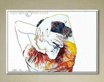 Figurative Art, Figure Art, Woman Wall Art, Canvas wall Art for Bedroom Decor, Red and Yellow Woman Drawing Print, Large Canvas Art