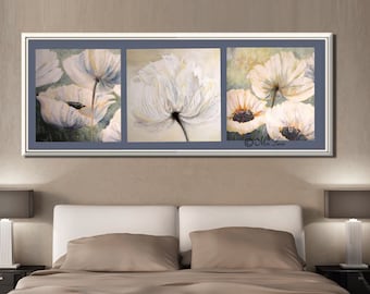 Flower Art Print, Flower Wall Decor, Bedroom Wall Art, White Large Wall Art Canvas , Blue White Art, Flower Painting Print, Art for Bedroom,