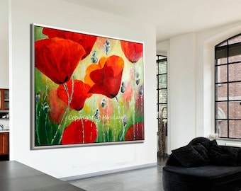 Large Painting, Extra Large Wall Art, Large Wall Art, Red Painting, Large Vivid Flower Oil Painting, Colorful Living Room Painting on Canvas