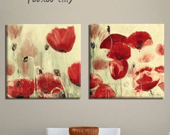 Flower Wall Art Set de 2 impresiones, Flowers Landscape Art Set, Red Poppies in the Field Wall Art, Large Red & Beige Wall Art para sala de estar