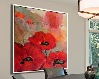 Abstract Red Flower Painting, Dining Room Painting, Extra Large Canvas Wall Art, Nature Painting, Colorful Painting, Poppy Wall Art