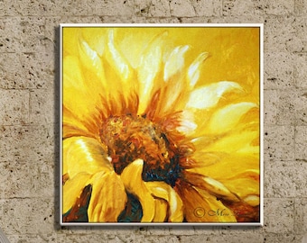Puede incluir: Un primer plano de una pintura de un girasol amarillo con un estilo de pincelada texturizada. El girasol está enfocado, y el fondo es amarillo borroso.